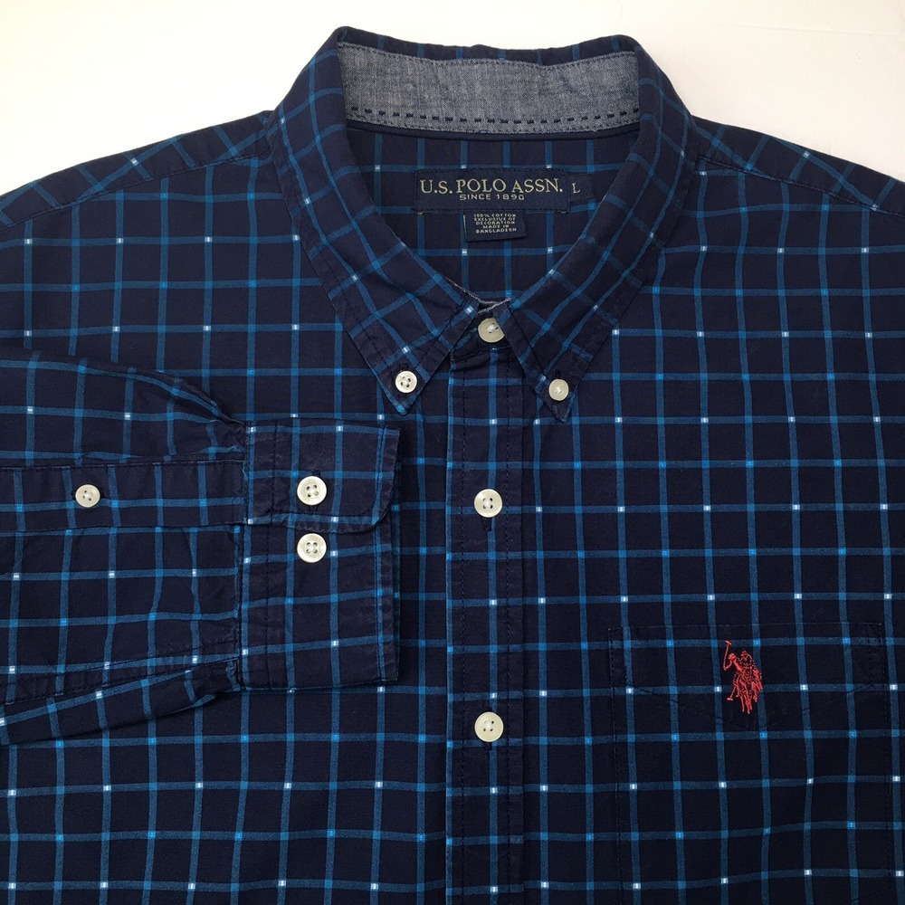 U.S. Polo Assn. Men's Large Shirt Blue White Dot Long Sleeve Button Down Casual